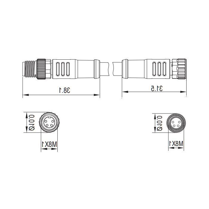 M8 4Pin、母头直型转公头直型、双端预铸PUR柔性电缆、黑色护套、63D121-XXX