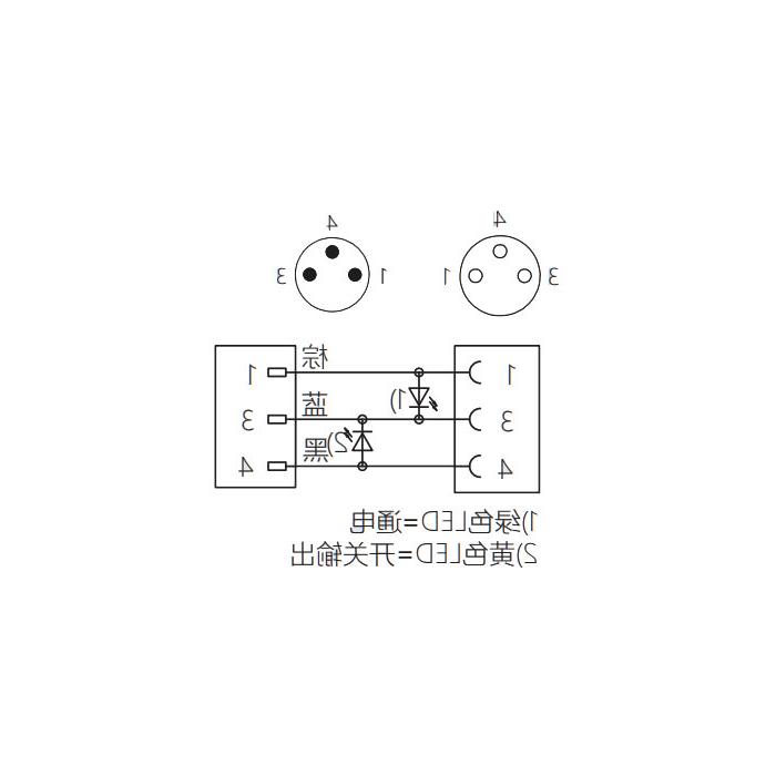 M8 3Pin、母头90°带LED灯转公头直型、双端预铸PUR柔性电缆、黑色护套、63D081-XXX 