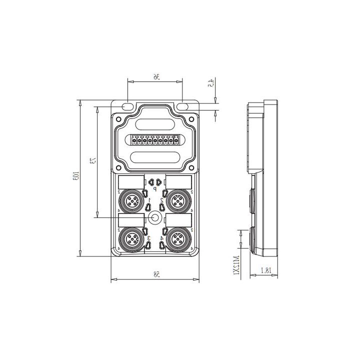 M12分线盒、单通道、Without LED、4端口分体式、PCB端子、24W409