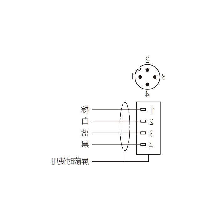 M12 4Pin、公头90°、耐高温120℃、单端预铸PUR柔性电缆、黑色护套、64H161-XXX