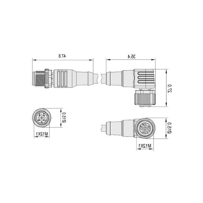 M12 4Pin、M12母头90°带LED灯转M12公头直型、双端预铸防焊渣PUR柔性电缆、黄色护套、64T121-XXX