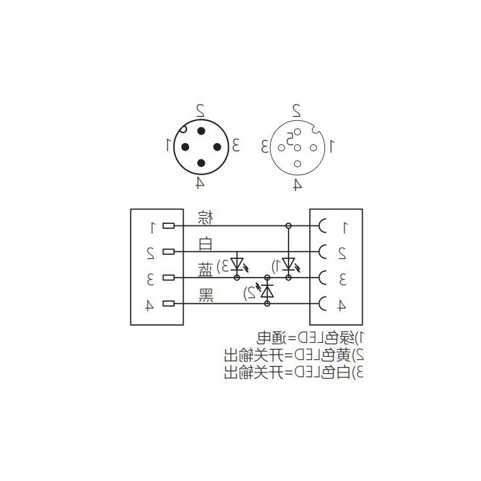 M12 4Pin、M12母头90°带LED灯转M12公头直型、双端预铸防焊渣PUR柔性电缆、黄色护套、64T121-XXX